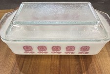 Vintage Crown Pyrex Spanish Oblong Baker Casserole Dish Pink Plum & Lid MINT picture