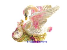 Bejeweled Swan mom & babies Hinged Metal Enameled Rhinestone Trinket Box picture