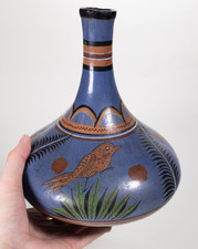 C.1930s Vintage Tonala Mexican Pottery Burnished Blue Water Bottle with Birds picture