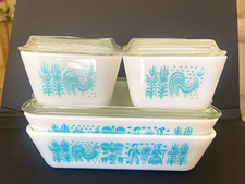 PYREX Amish Butterprint  9 Ps set Glass Storage Container Set w/ Lids White/Blue picture
