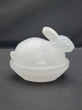 White Glass Bunny Rabbit On Nest Dish Covered Candy Bowl picture