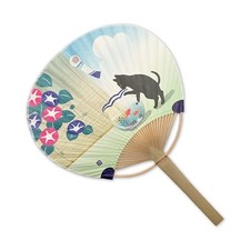 Japanese Uchiwa Flat Fan Hand Held Bamboo Handle ASAGAO Lucky Cat Pattern Design picture