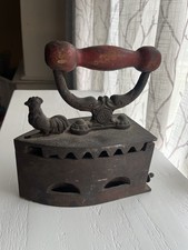 Antique Cast Iron Charcoal Iron Rooster Latch Red Handle Complete Grate picture