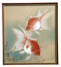 Vintage Japanese Koi Fish Watercolor Painting on Silk Signed w/ Red Seals picture