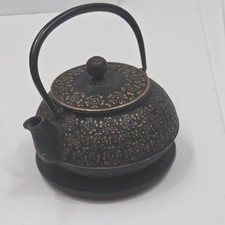 Vintage Iwachu Japan Cast Iron Tea Pot Kettle Gold Sakura with Ocean Wave Trivet picture
