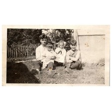 Sepia Photograph 1930's Young Family Seated on Lawn Old Photo picture