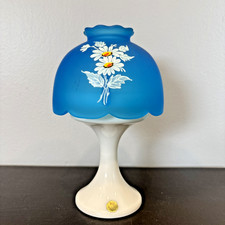 Westmoreland Blue Mist Daisy Frosted Satin Top Milk Glass Base Fairy Lamp Foil picture