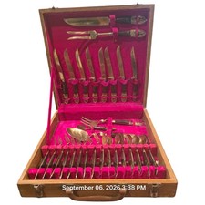 Vintage SIAM Thailand Brass Flatware 29 Pc Service for 8 Wood Handles w Case picture