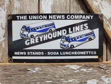 VINTAGE GREYHOUND BUS PORCELAIN SIGN UNION NEWS STAND SODA RESTAURANT TRANSIT picture