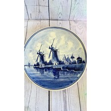 Vintage Delft Blue Handpainted Windmill Wall Plate Holland Pottery 8.5 Inch picture