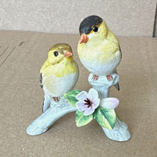 Andrea 1985 Porcelain Bird Figurine Pair on Branch Yellow White Black Signed picture