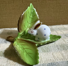 Herend Hungary Hand Painted Porcelain Rabbit Figurine on Green Leaf Base picture