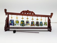 Vintage Chinese Cloisonne Eight Bell Bianzhong Chime Carved Wood Stand Mallet picture