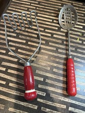 Vintage Red Handle Kitchen Utensils Potato Masher Slotted Spoon 12” Set of 2 picture
