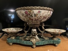 1895 Wong Lee Green Floral Porcelain & Bronze Cherub Figurine Centerpiece 3 Bowl picture