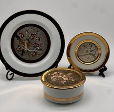 Vtg Japanese Chokin Art Plates, Trinket Box, 3 Pc. Coordinating Set picture