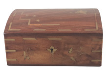 VINTAGE Anglo-Indian  WOOD BRASS INLAY FLORAL HINGED DIVIDED JEWELRY TRINKET BOX picture