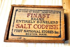 Antique 1920s Finast Salt Codfish Wood Box Slide Lid Boston First National Store picture