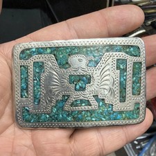 Vintage Rare Sterling Silver Inlay Turquoise Signed “B” Navajo Belt Buckle 71.6g picture