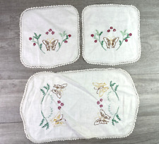 Vintage Hand Embroidered Butterflies & Flowers Linen Dresser Scarf Set - 3 pc picture