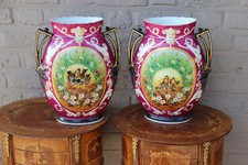XL Pair French vieux paris porcelain birds scene Vases 1960 picture