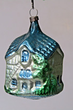 Vintage Glass BLUE ROOF Embossed HOUSE Christmas Ornament Germany picture