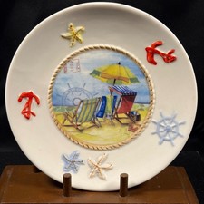 Vintage Coastal Beach Scene Ceramic Wall Plate 3D Nautical Relief 8 Inch picture