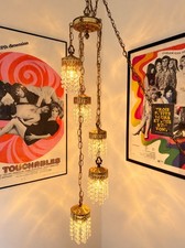 Vintage Hollywood Regency Crystal 5 Light Tier Waterfall Cascade Swag Chandelier picture