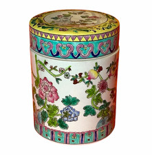 1940’s Vintage Chinese Hand Painted Floral Porcelain Canister w/ Lift-Off Lid picture