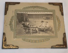 Vintage 1920s RPPC Real Photo Postcard Goat Cart Kids in Antique Art Deco Frame picture
