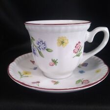 Johnson Brothers Fleurette Floral Tea Cup and Saucer Scalloped Red Trim Clover picture