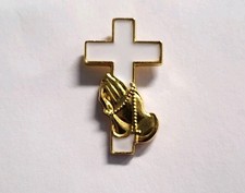 Gold Toned Praying Hands Over Christian White Cross Enamel Lapel Brooch Hat Pin picture