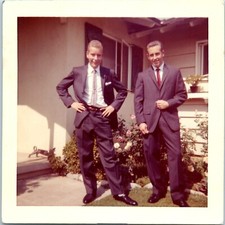 1960s Two Young Men in Suits Posing Outside House Roses Vintage Photo picture