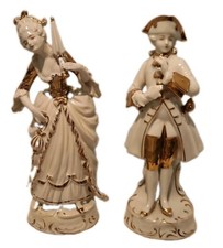 2 Vintage Porcelain Figurines Lady and Young Man White And Gold Trim Japan  picture