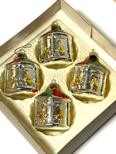 Four Vtg German Beautiful Hand Painted Mercury Glass Carousel Christmas Ornament picture