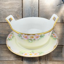 Antique T & V Limoges Butter Tub Hand Painted Porcelain Dish With Under Plate picture