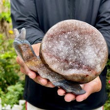 1.5LB   Hand Carved Agate Amethyst Druzy Snail Crystal Animal Statue Healin picture