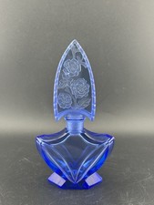 Antique 1920’s Czech Art Deco Blue Cut Glass Perfume Bottle Rare *GLOWS* picture