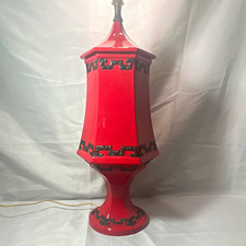 Vintage MCM Red Ceramic Chinoiserie Lamp Greek Key Geometric Hollywood Regency picture