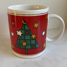 Vintage 1995 J.I.I. Christmas Trees Holiday Coffee Mug Red Gold Stars Cute picture
