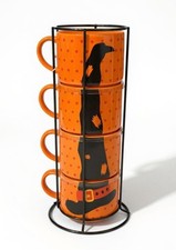 Set Of 4 Halloween Stacking Mugs With Witch Design & Orange Polka Dots In Black picture