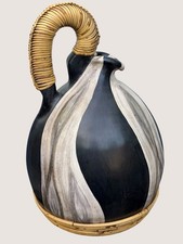 Vtg Pottery Black Vase Urn Pitcher Handle Hand Wrapped in Reed Straw 16.5 tall picture