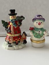 Christmas Snowman Hinged Ceramic Trinket box (SET OF 2)  Birds Hand Painted  picture