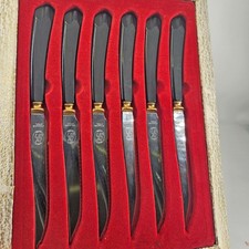 Vintage Glo-Hill 6 pc Stainless Steel Knife Set Black Gold Canada picture
