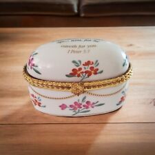 Imperial Porcelain Trinket Box Roses Oval Bible Verse 1 Peter 5:7 picture