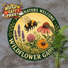 Vibrant Bee Flower Botanical Garden Retro Round Metal Tin Sign Plaque 8x8 picture