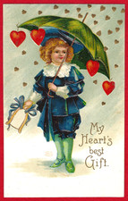 Vtg Clapsaddle Valentine Boy Edwardian Suit Umbrella Hearts A/S Emb PC c1907 picture