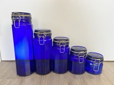 Vintage 12-Panel Design Cobalt Blue Glass Canister Set Of 5 Wire Bail Lids picture