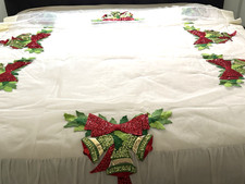 Vtg 50s Christmas Tulle Mesh Tablecloth Sequined Felt Holiday Bells Lrg 105x72 picture