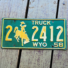 Vintage 1958 Wyoming Truck License Plate $2 '2412 Green Yellow Bucking Horse  picture